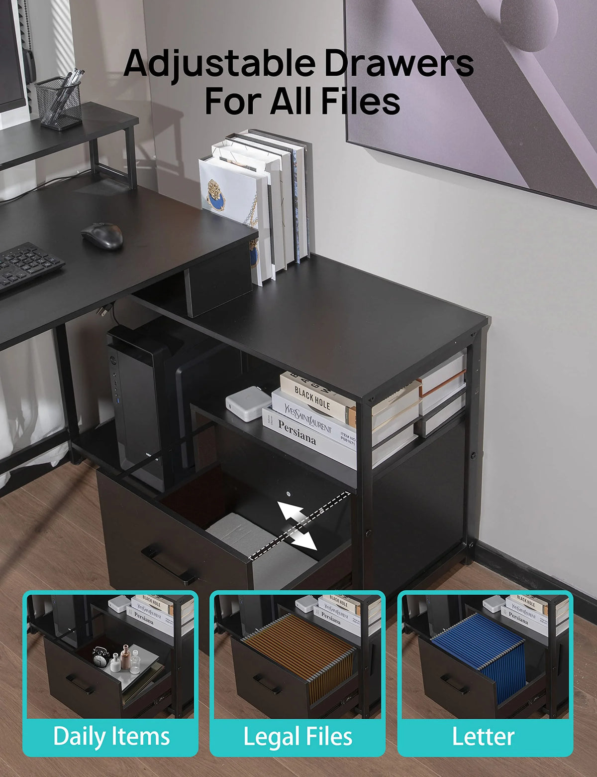 L-Shaped Computer Desk with File Drawer and Monitor Shelf B51348