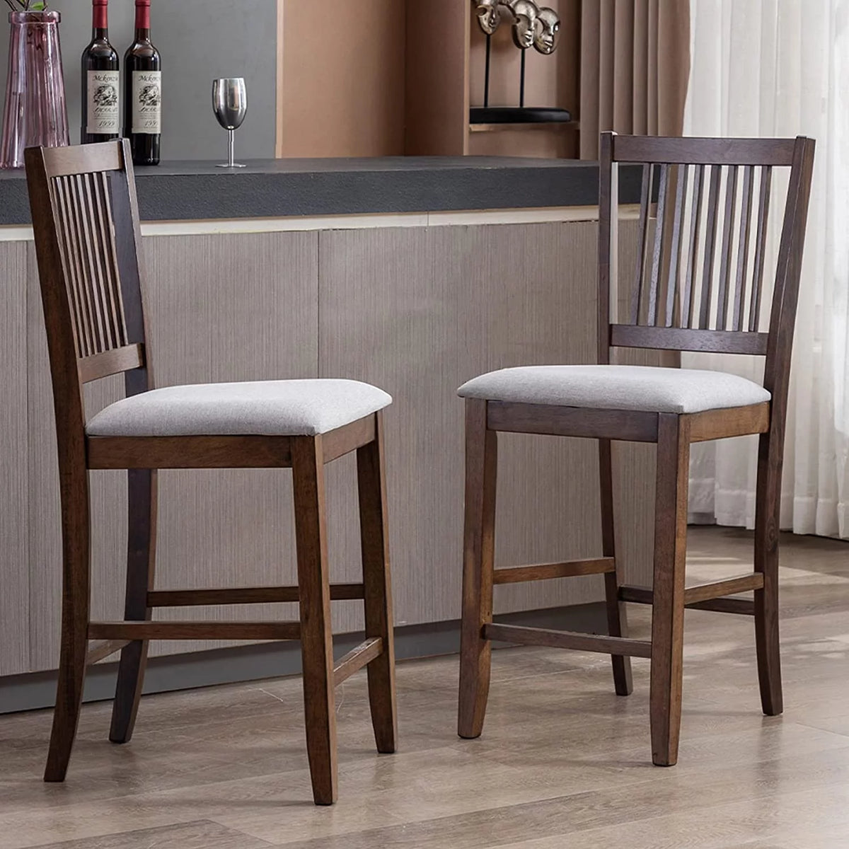 Wood Bar Stools Set of 2 Upholstered Counter Height Chairs Walnut I87543