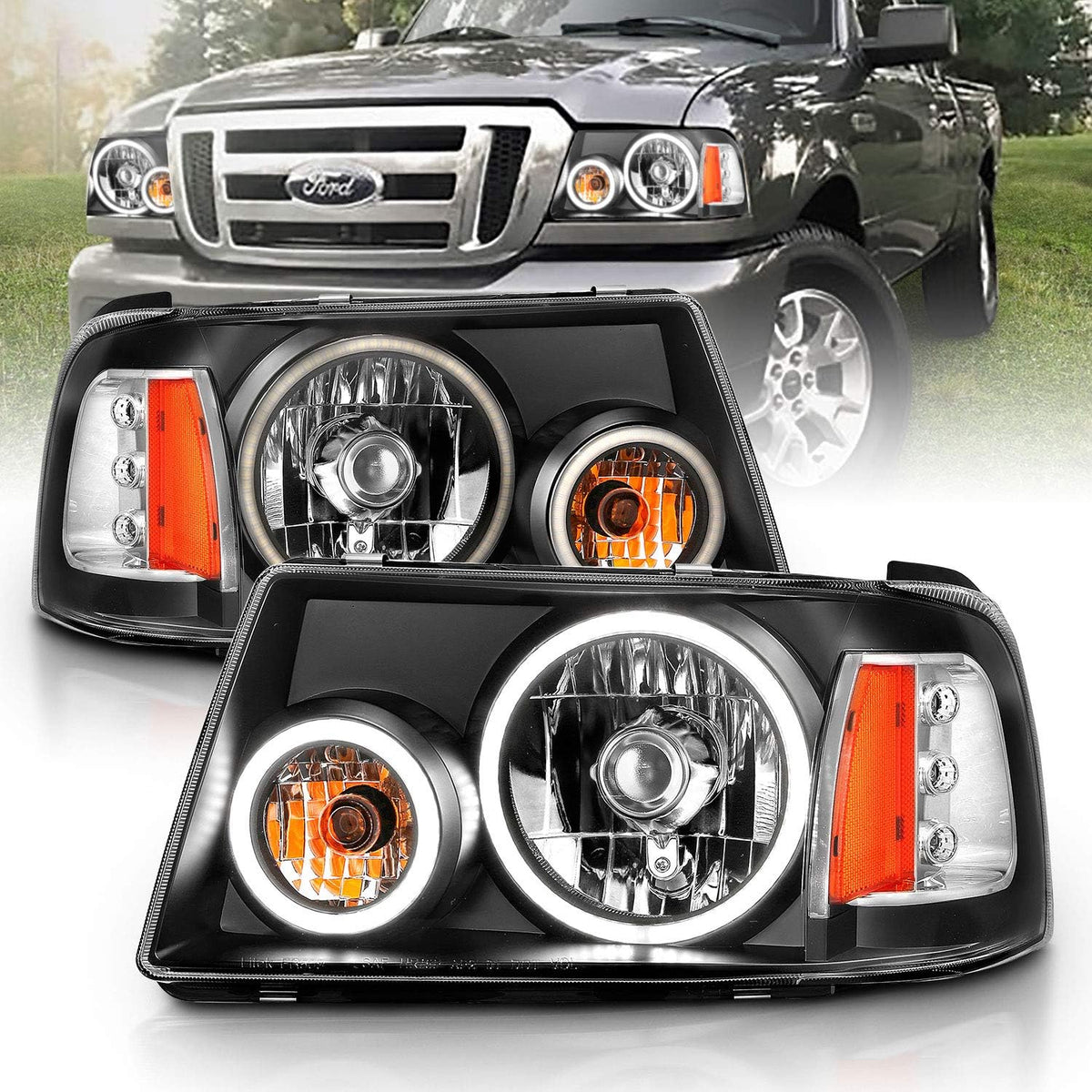 Black Dual LED Halo Replacement Headlights Set for Ford Ranger M5082