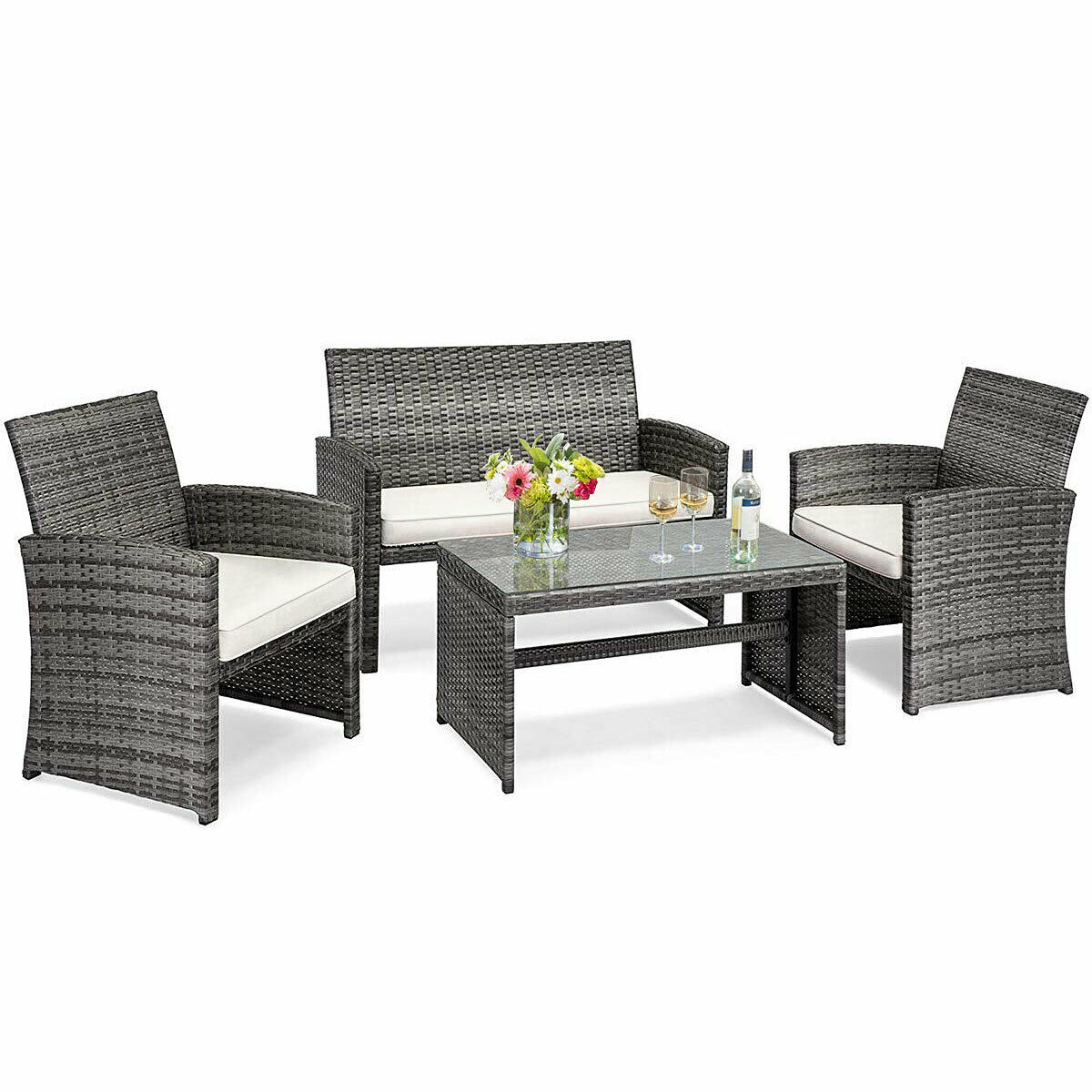 White Rattan Patio Furniture Set with Glass Table Top Cushioned Sofa F127