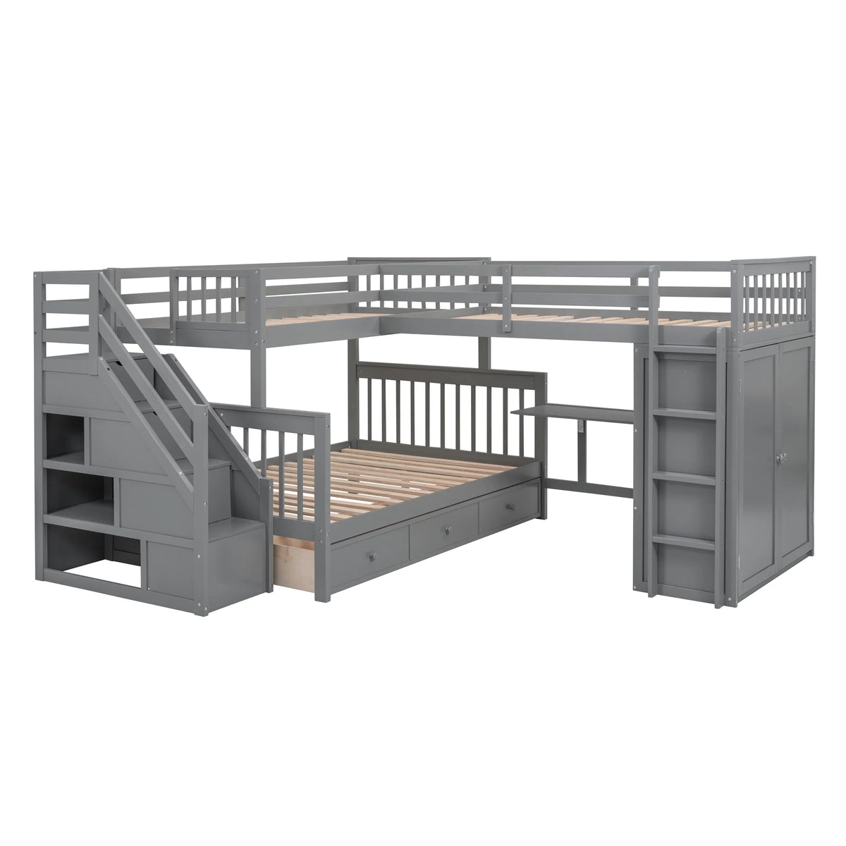 Twin-Twin Over Full L-Shaped Bunk Bed with Wardrobe and Desk I34736
