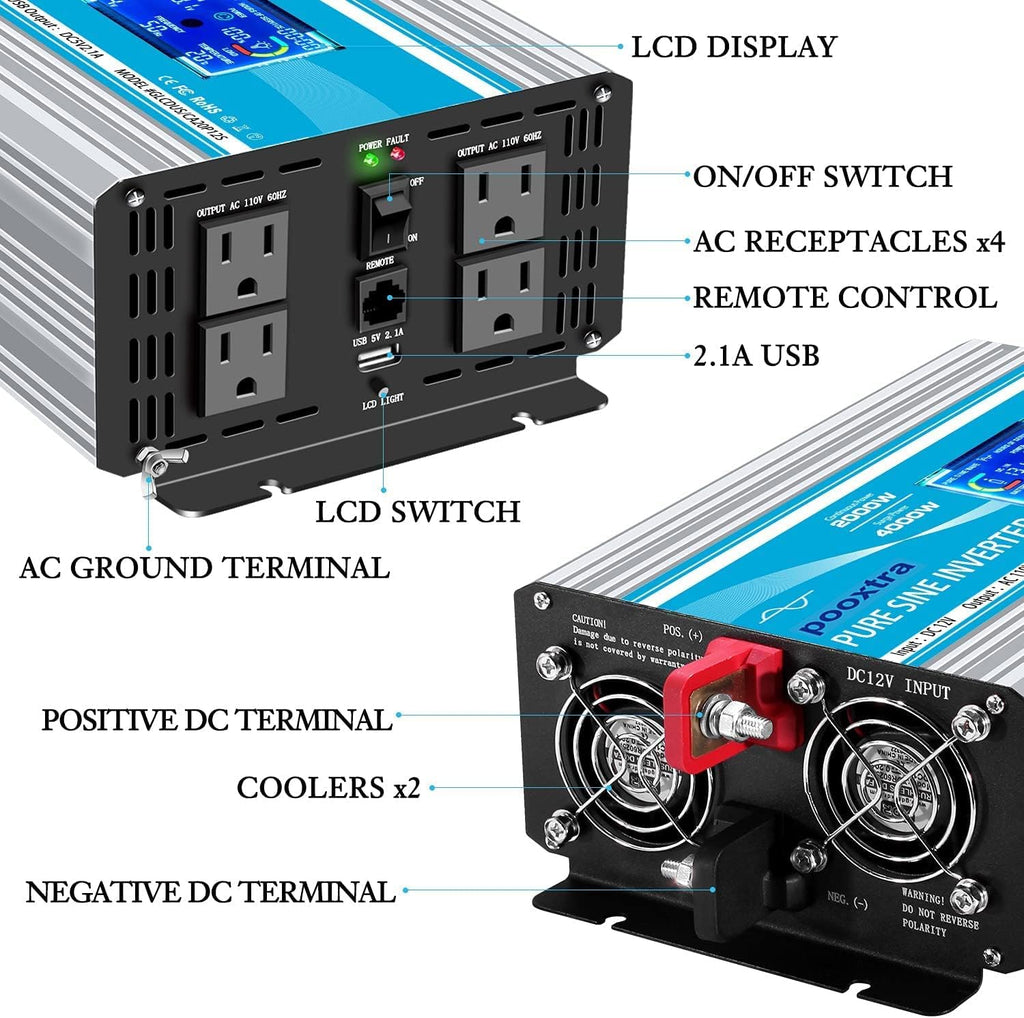 1500 Watt Pure Sine Wave Power Inverter 12V DC to 110V/120V AC with LCD Display USB Port 4AC Outlets V41910