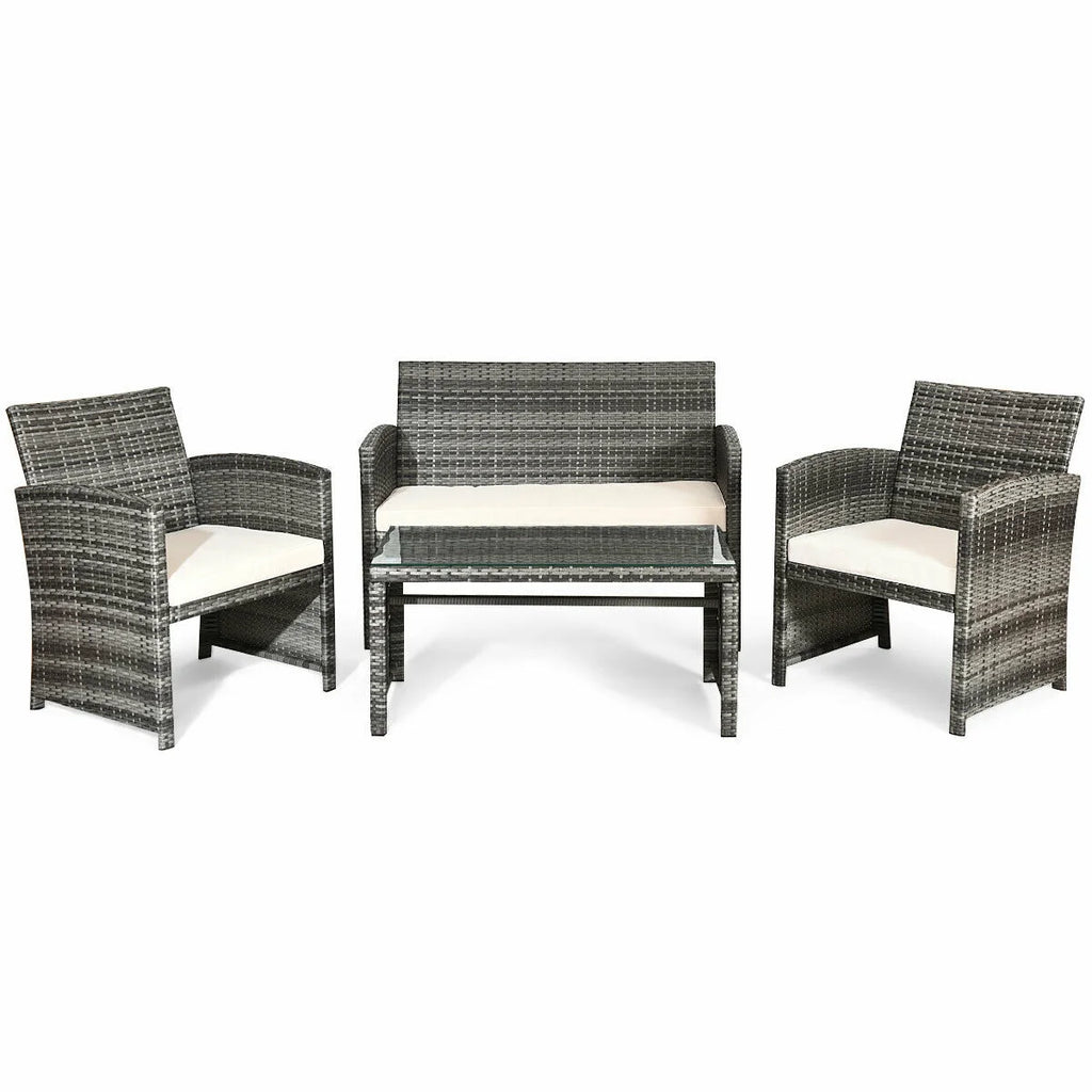 White Rattan Patio Furniture Set with Glass Table Top Cushioned Sofa F127