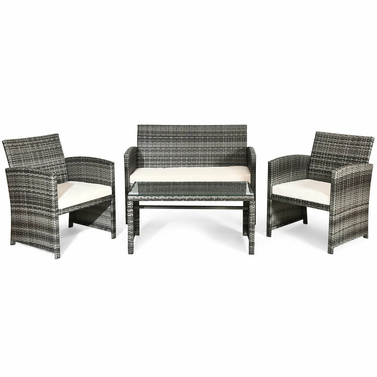 White Rattan Patio Furniture Set with Glass Table Top Cushioned Sofa F127