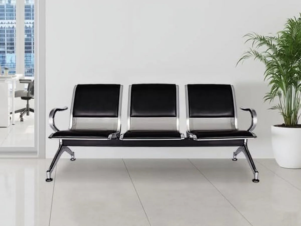 Black 3-Seat PU Leather Reception Chairs with Arms D9399
