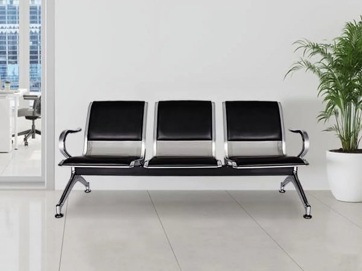 Black 3-Seat PU Leather Reception Chairs with Arms D9399
