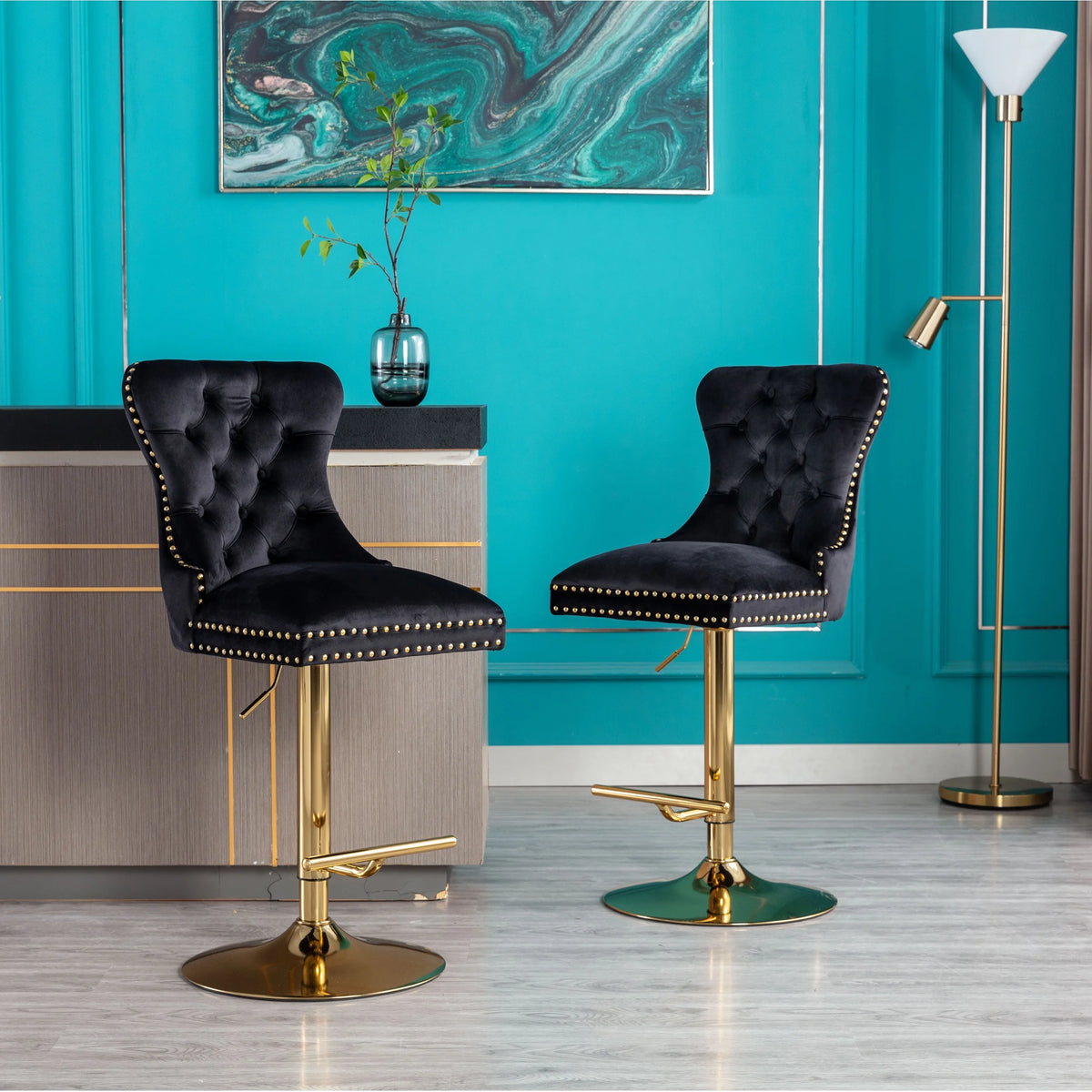 Black Velvet Swivel Bar Stools Set Of 2 Adjustable Counter Height C730