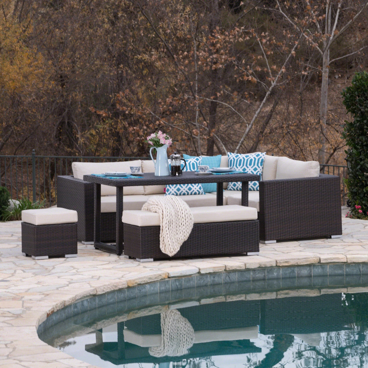 7 Seater Wicker Dining Sofa Set with Water Resistant Cushions I51677