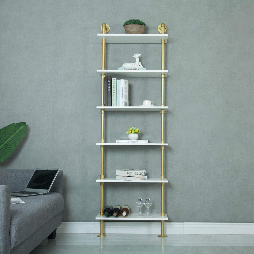 Gold 6-Tiers Wood Ladder Shelf Bookcase Q393277