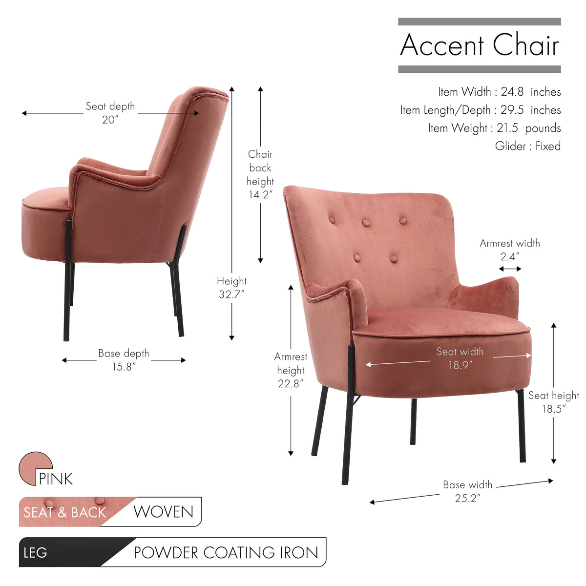 Tufted Fabric Accent Chair with Iron Legs R1654