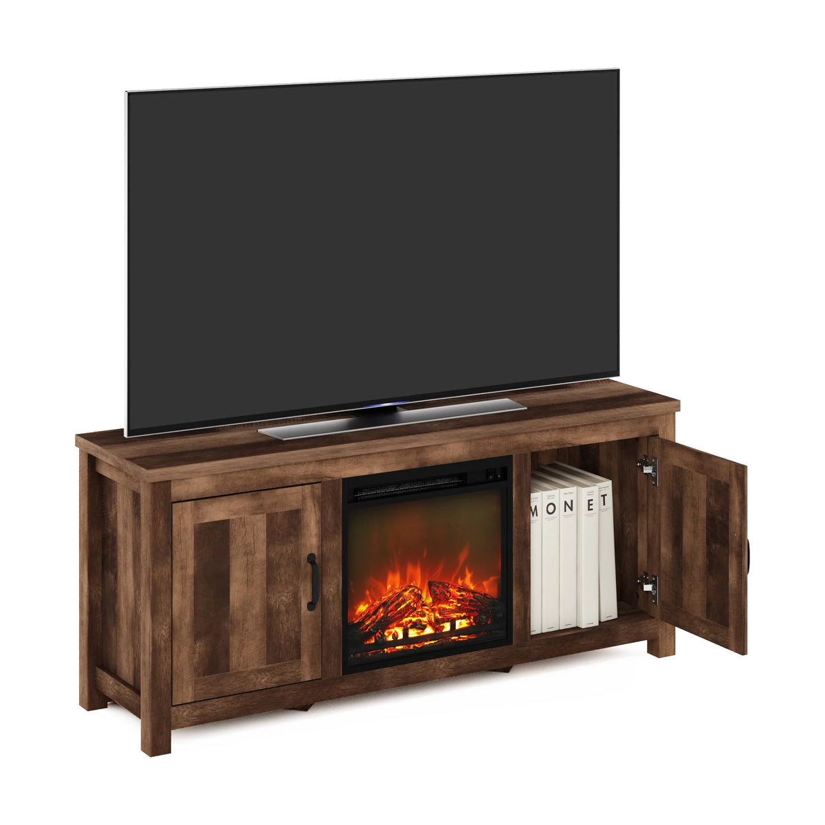 Farmhouse Barn Door Fireplace TV Stand with Storage Cabinet for TV up to 60 Inch, Rustic Brown C2838