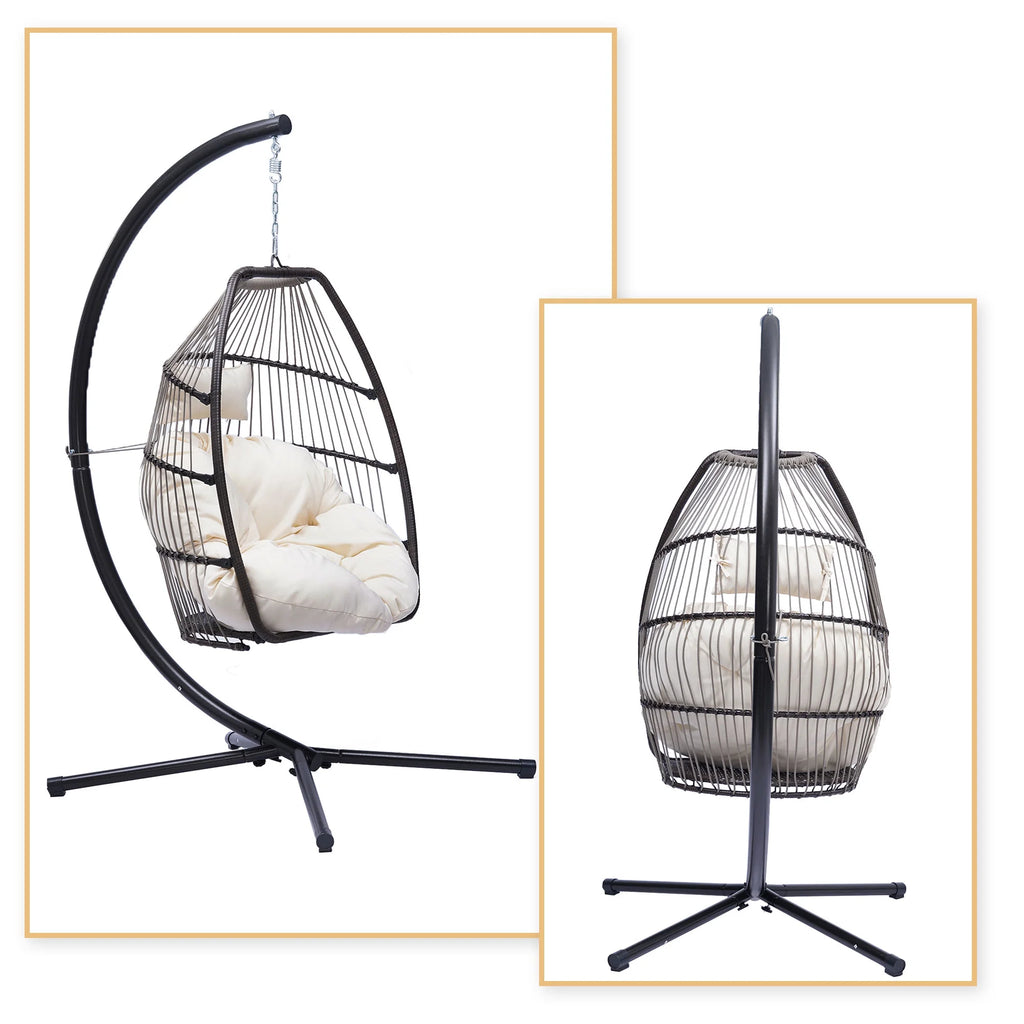 Beige Faux Rattan Folding Hanging Egg Chair with Cushion T676879