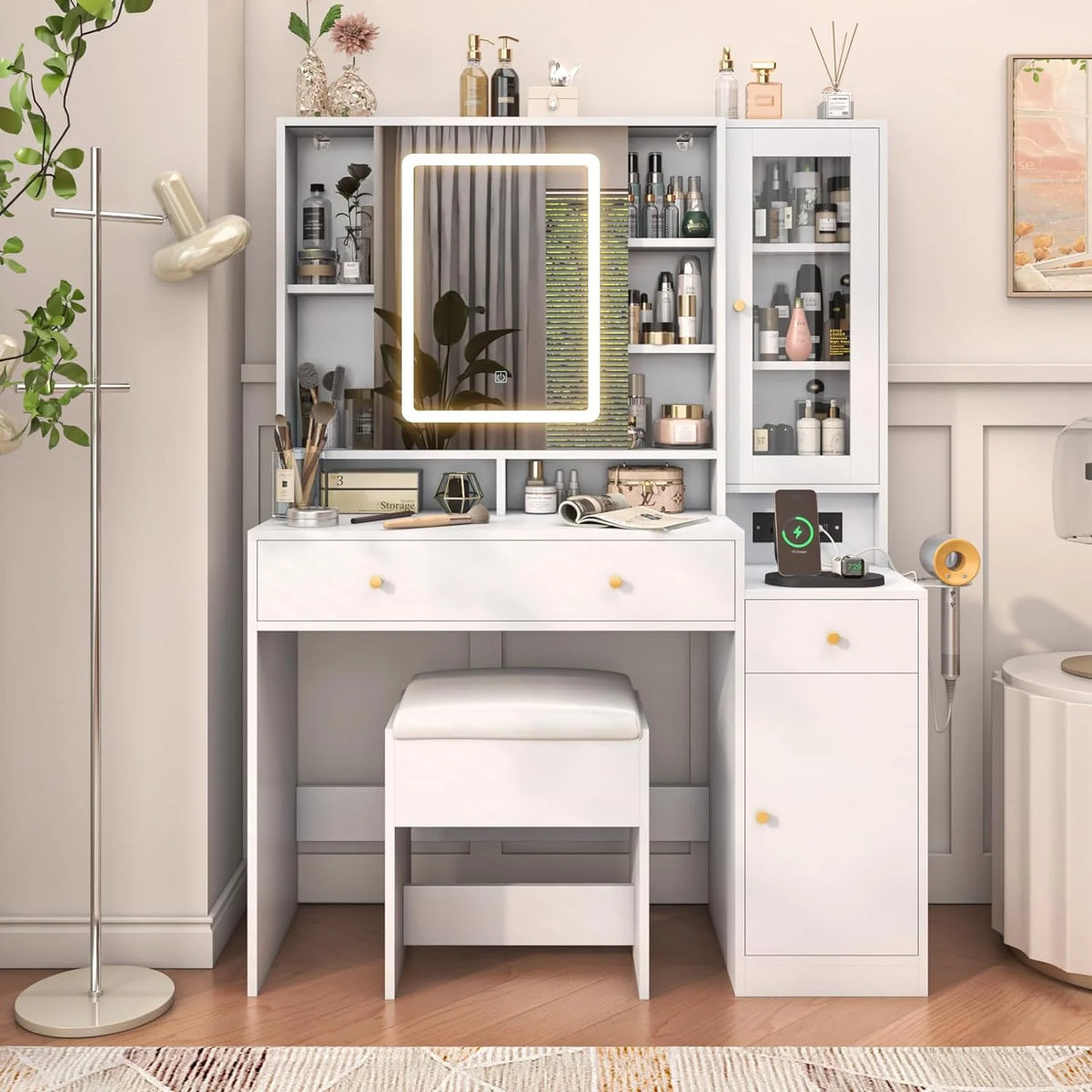 White Vanity Desk with Sliding Mirror and Lights S5072