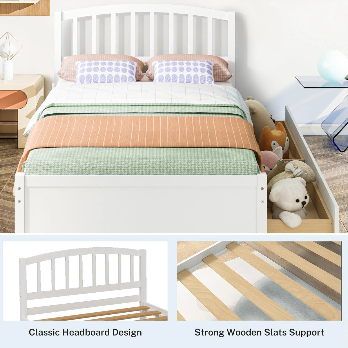 White Wood Twin Size Platform Bed with 2 Drawers S66372