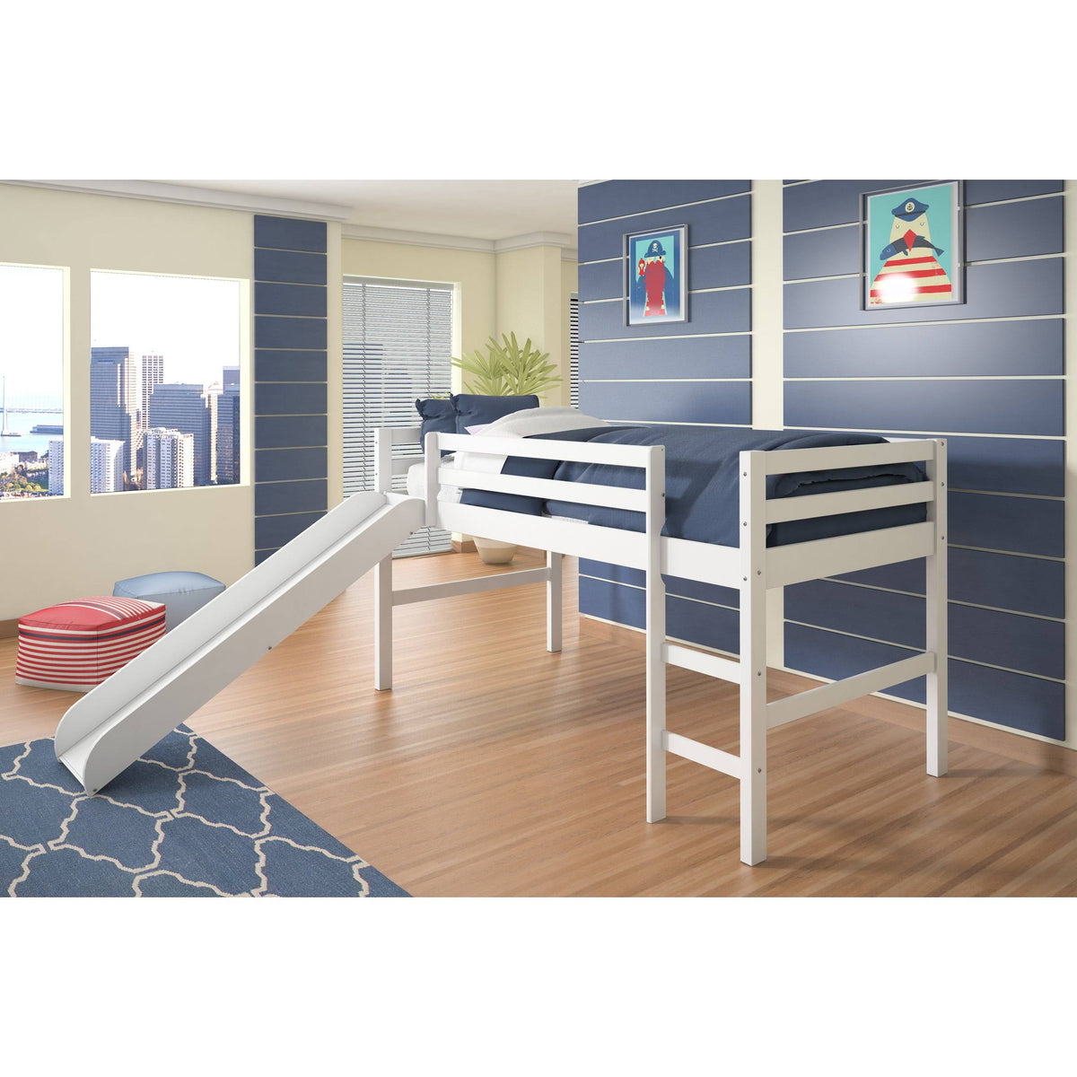 White Twin Loft Bed with Slide O49069