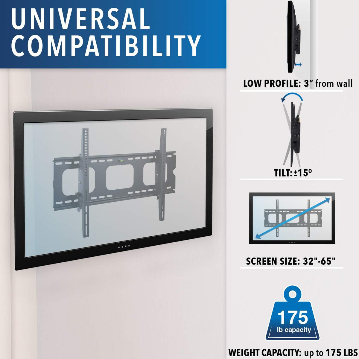 Tilt TV Wall Mount Bracket for Flat Screens, 32” – 65”, Black A179224