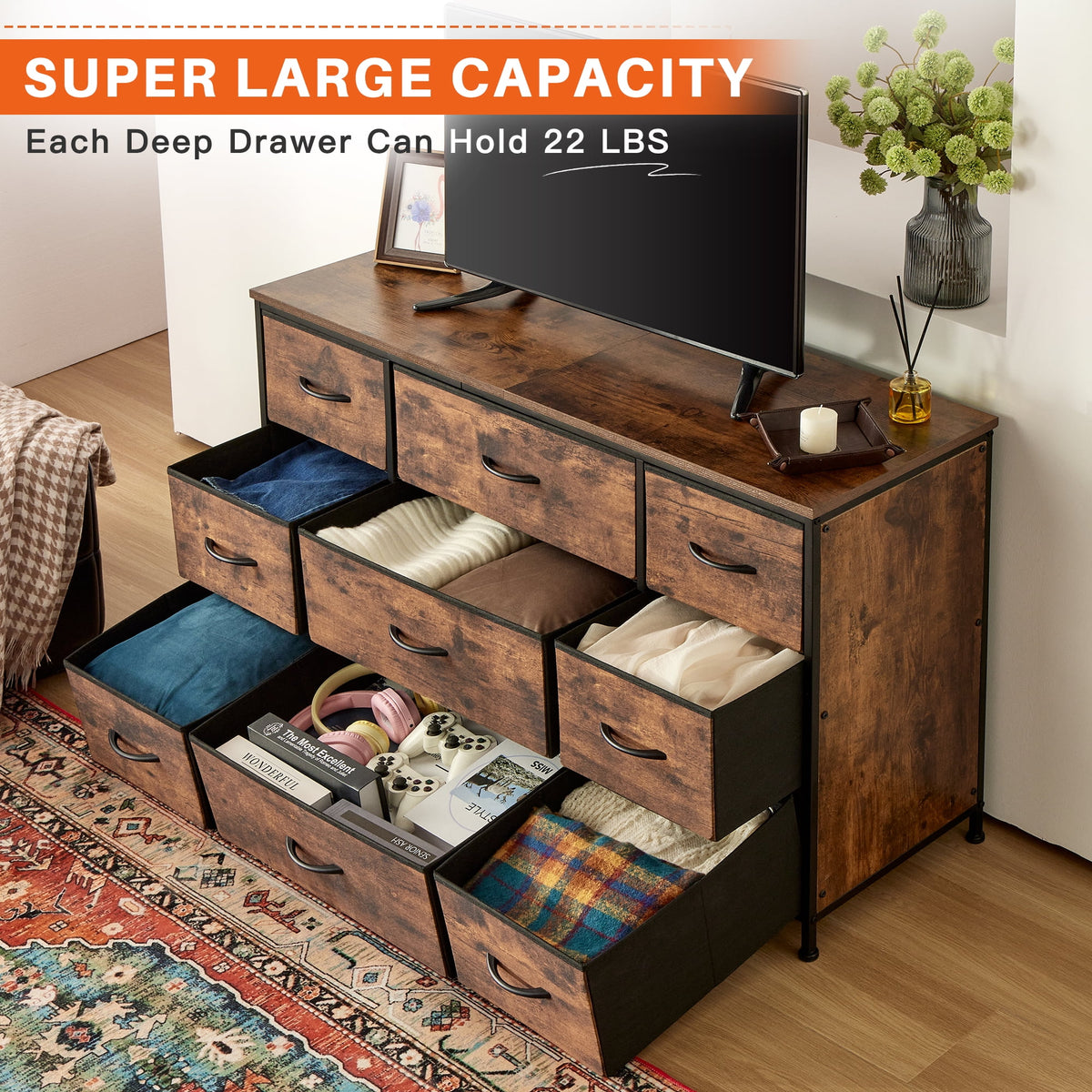 Black 9 Drawer Wide Dresser TV Stand K799402