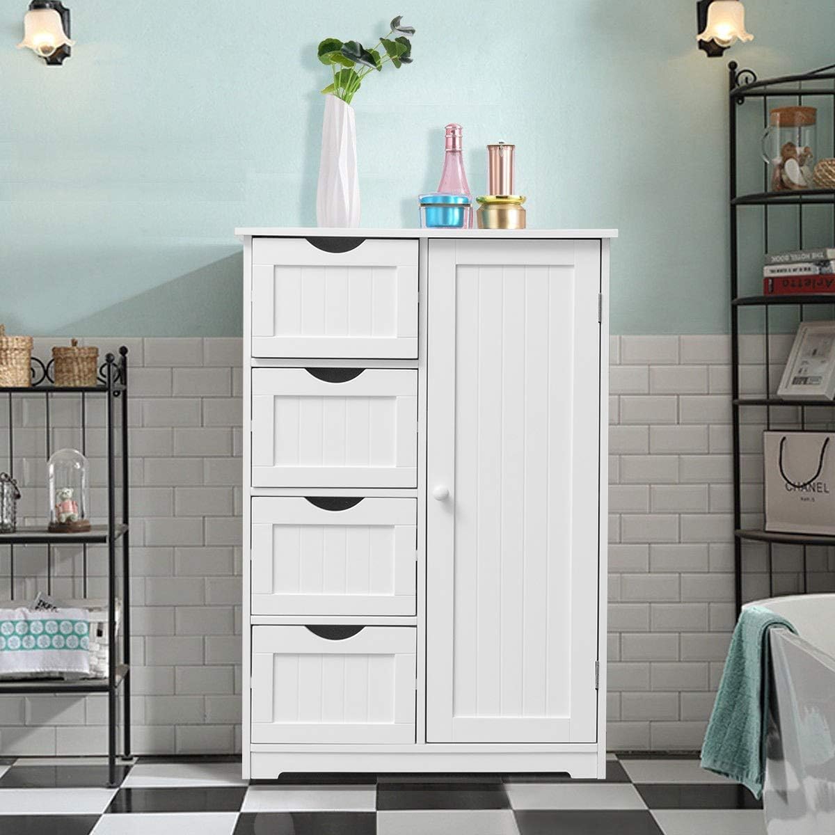 White Wooden Storage Cabinet with 4 Drawers and 1 Door L208