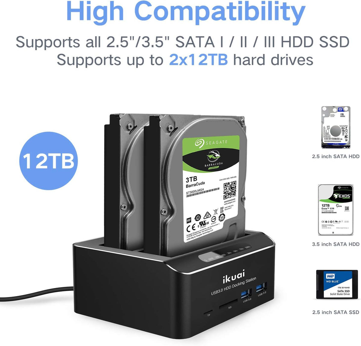SATA to USB 3.0 Dual Bay Hard Drive Dock with SD TF Card Reader and Offline Clone Function W753847