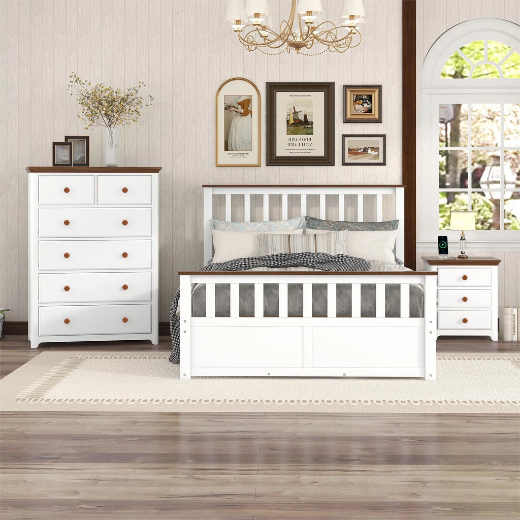 Full Size Platform Bed with Nightstand and Storage Chest, White and Walnut N21896
