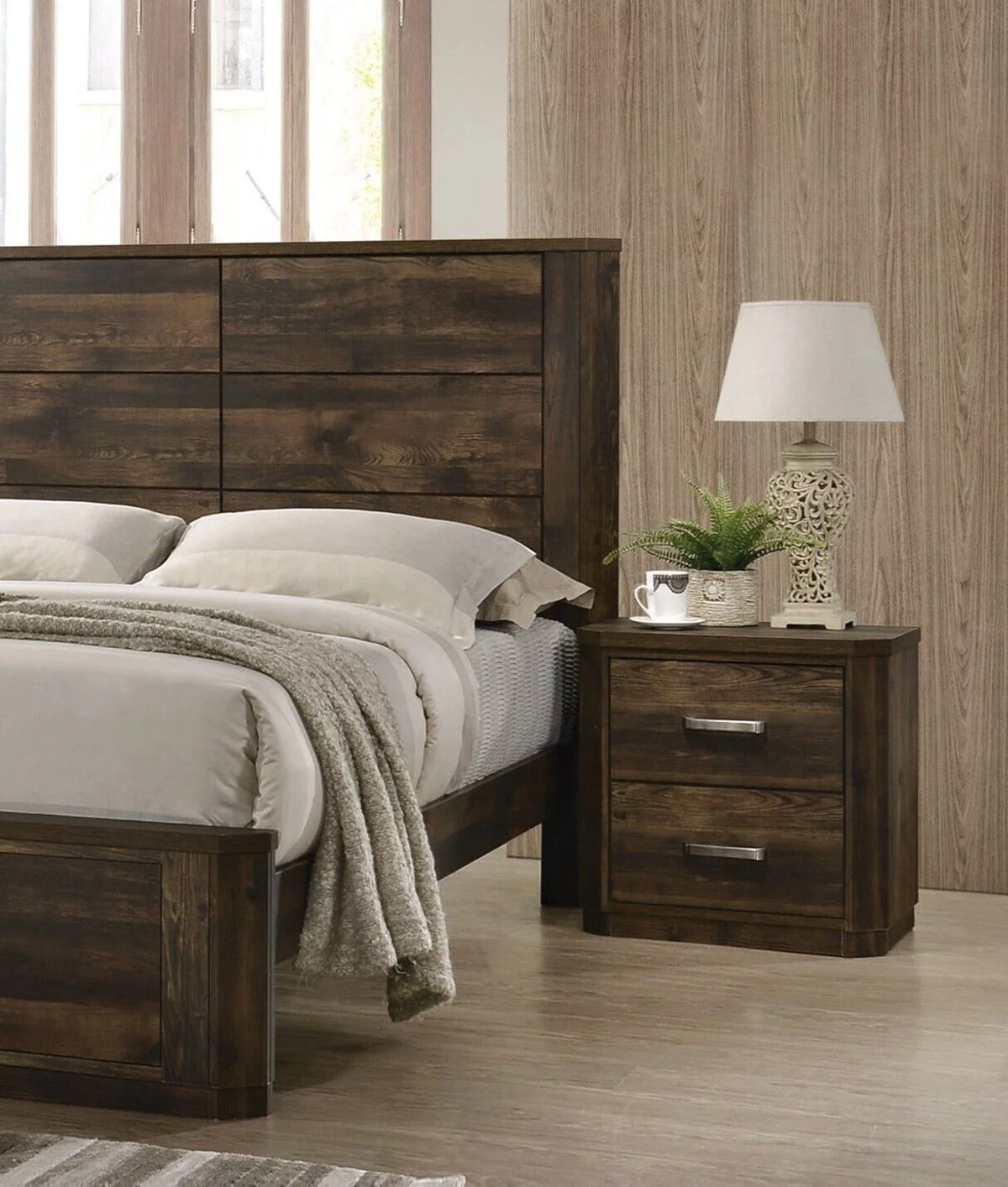 3pc Bedroom Set Eastern King Bed 2x Nightstands Rustic Walnut Finish H8803