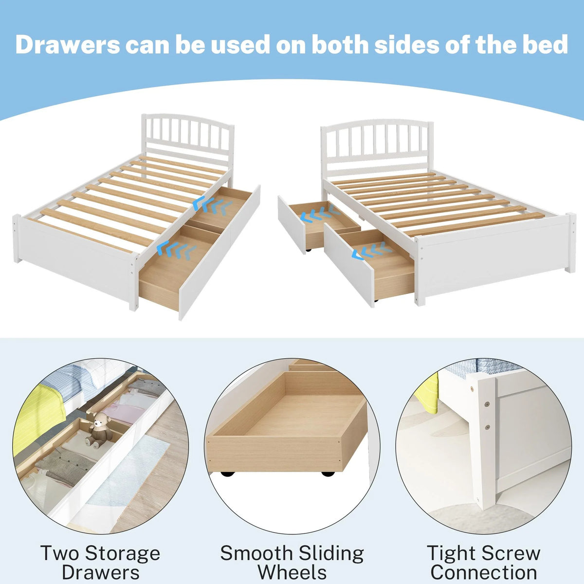 White Wood Twin Size Platform Bed with 2 Drawers S66372
