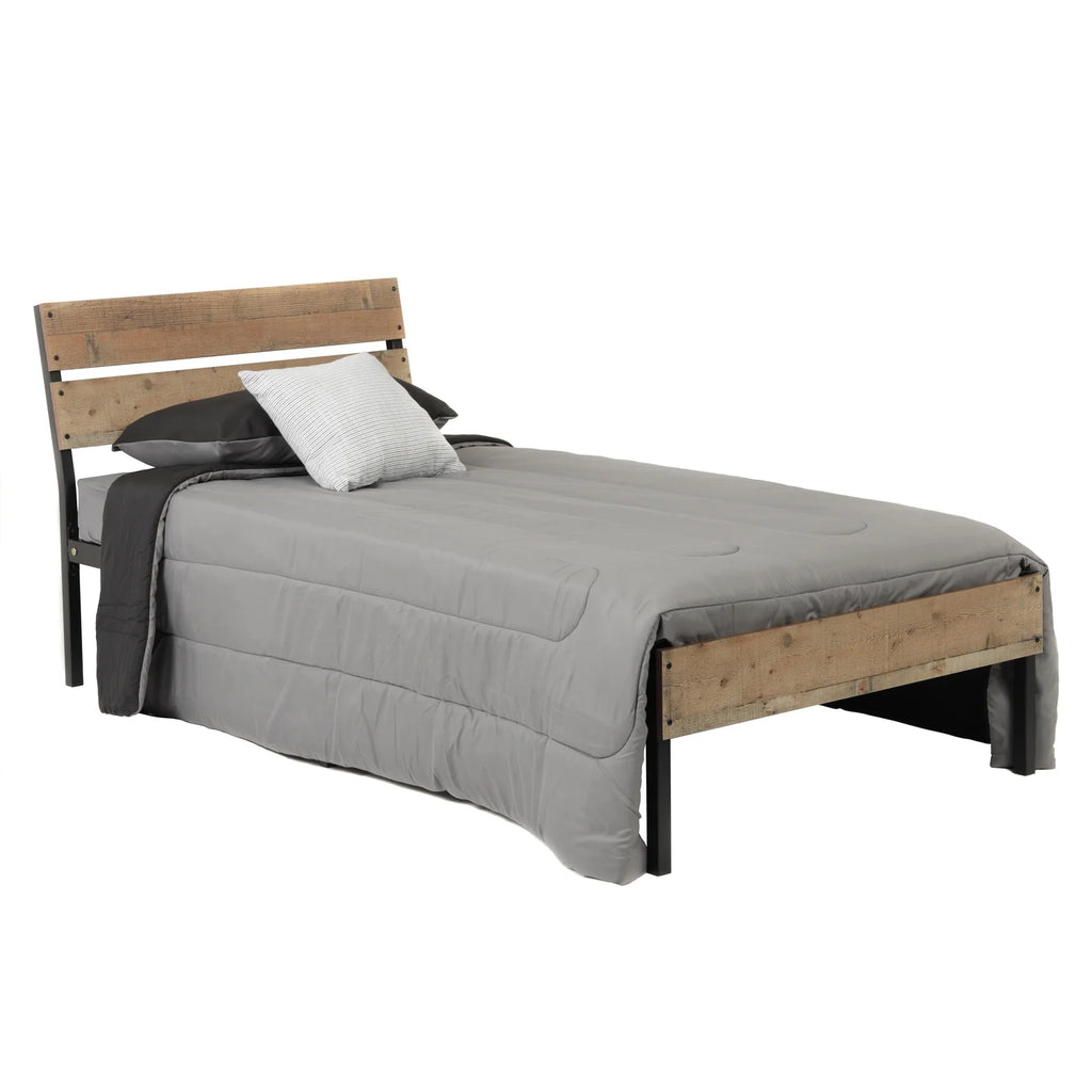 Twin Bed Frame with Black Metal Base and Rustic Barnwood Headboard and Footboard G3942