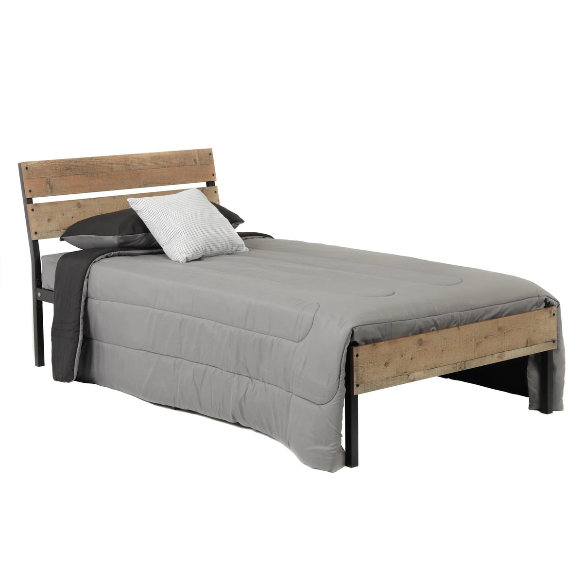 Twin Bed Frame with Black Metal Base and Rustic Barnwood Headboard and Footboard G3942