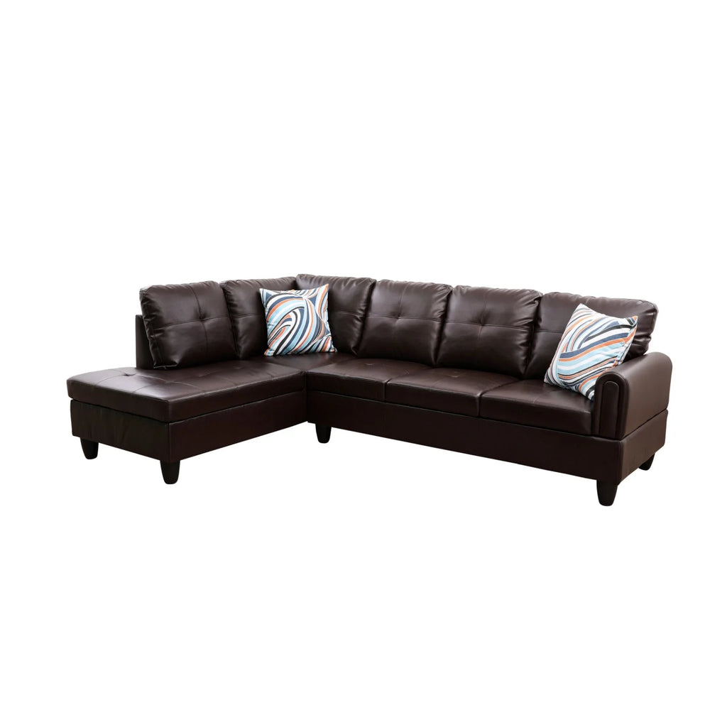 97" 2 Pieces L-Shaped Sectional Sofa with Pillows Brown Faux Leather I4980