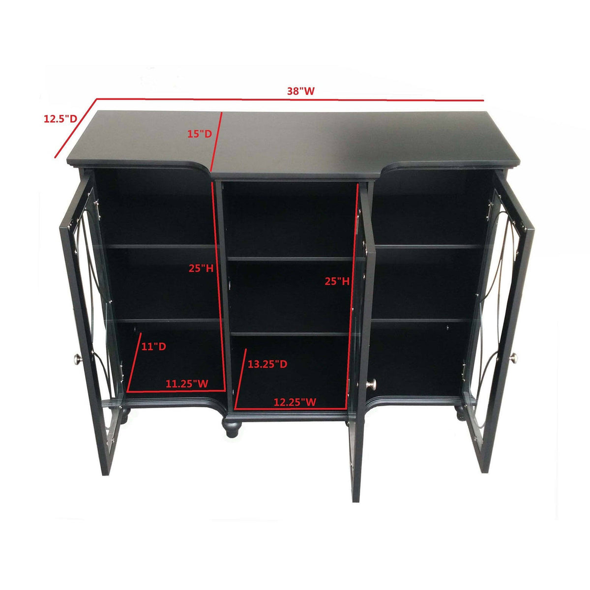 Black Wood Sideboard Buffet Console Table with Glass Cabinet Doors I945142